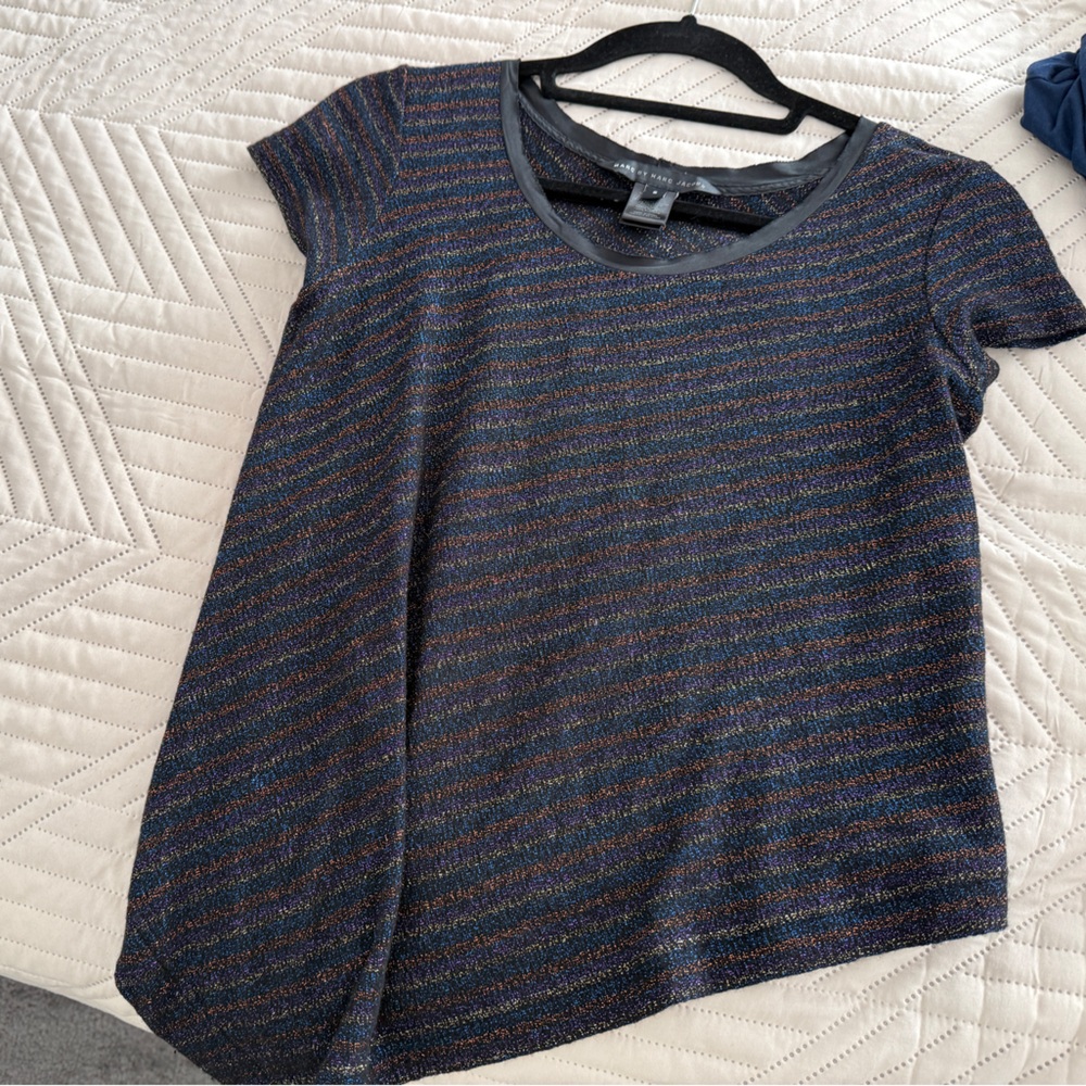 Marc by Marc Jacobs Navy Metallic Stripe Short Sleeve Top